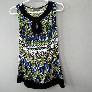 Vintage Y2K Top M Geometric Peacock Black Blue Green Keyhole Neck Sleeveless JTB